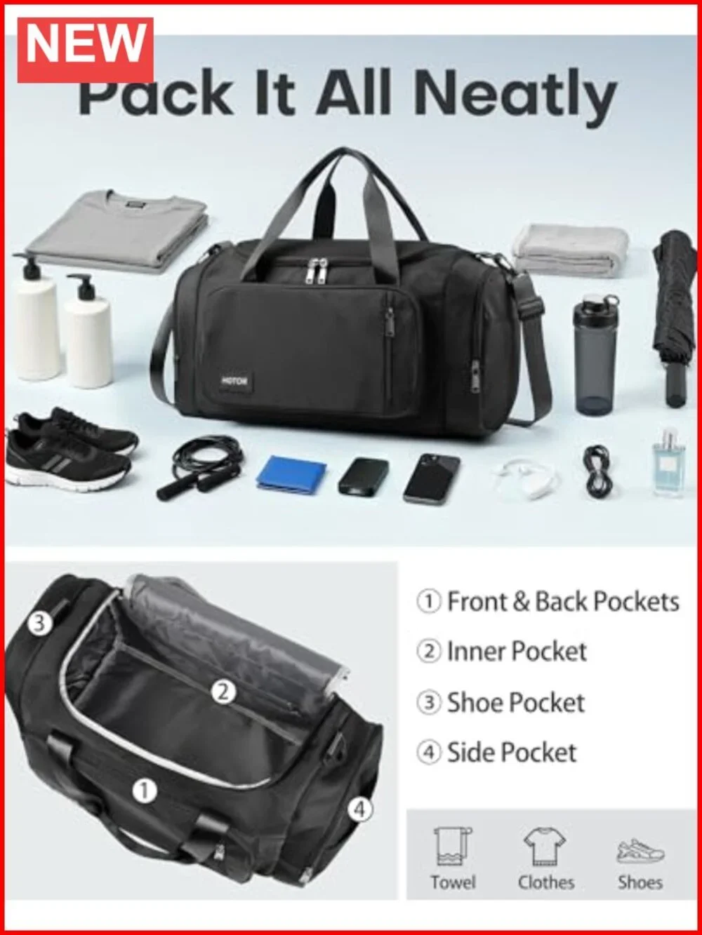 Spacious Duffle Bag with Shoe Compartment & Wet Pocket, Carry On Weekender